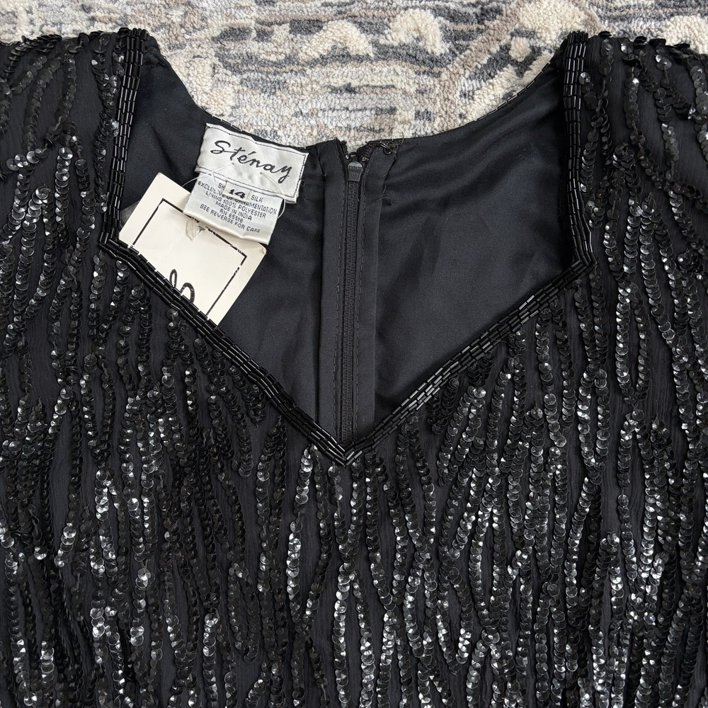 Vintage NWT Black Silk Beaded Formal Maxi Dress Size 14 Wedding Event Elegant - Picture 9 of 16